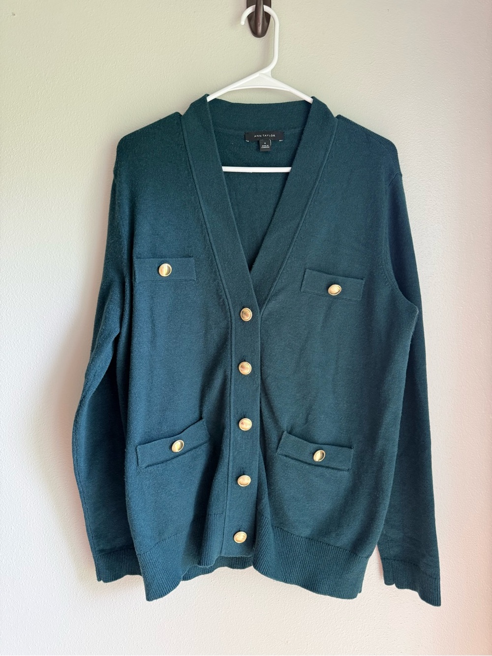 Ann Taylor Teal V-Neck Cardigan with Gold Buttons